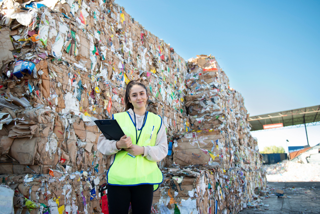 Young environmental engineer outdoors wearing a yellow high-visibility vest in front of a stack of plastic to be recycled. 