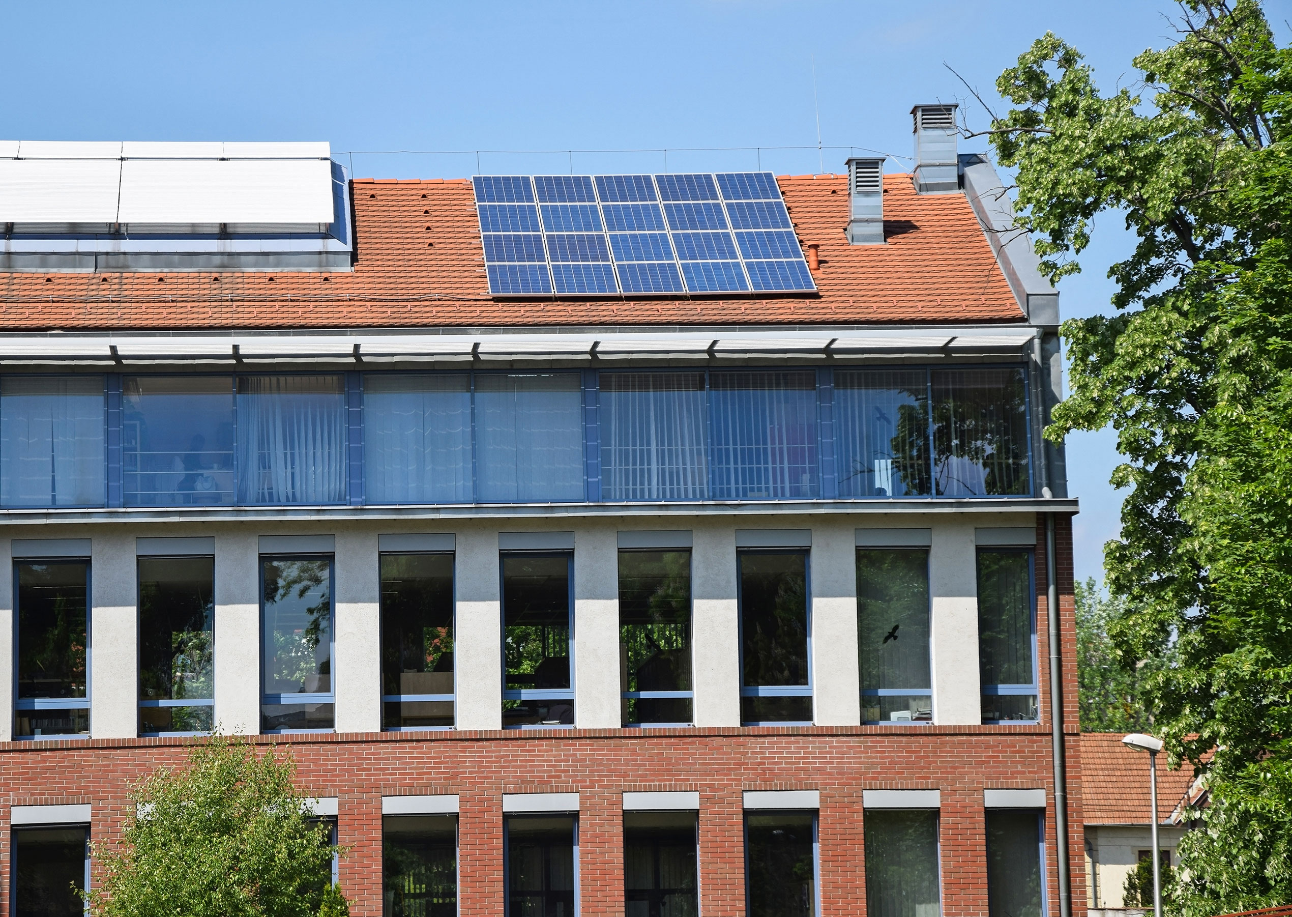Building of the public library with solar panels