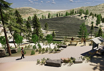 An artist’s rendering of people at a viewpoint overlooking rows of solar panels surrounded by trees, in a landscape of arid hills