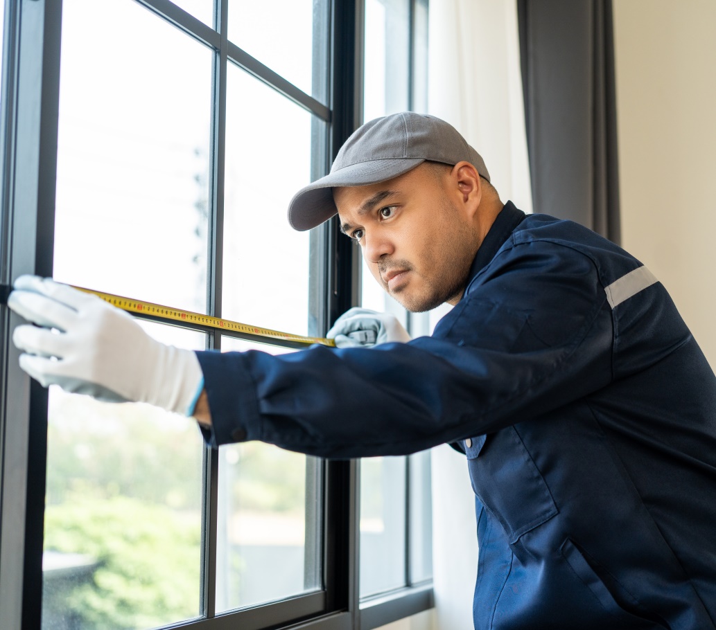 A contractor measures an interior window to prepare for a retrofit of a municipal building