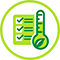 Icône représentant une liste de contrôle verte à côté d’un thermomètre avec une feuille, symbolisant la préparation aux changements climatiques et les pratiques durables.