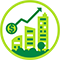 Icône représentant une ligne de tendance financière ascendante avec un signe de dollar superposé à des bâtiments verts, symbolisant l’investissement dans le développement durable.