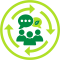 Icon showing three people with speech bubbles with a leaf and ellipses.   