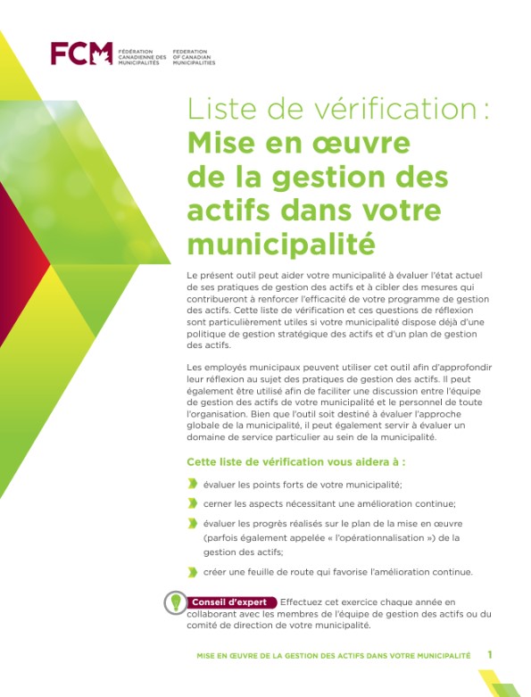 Couverture de liste de contrôle : Mettre en œuvre la gestion des actifs dans sa municipalité