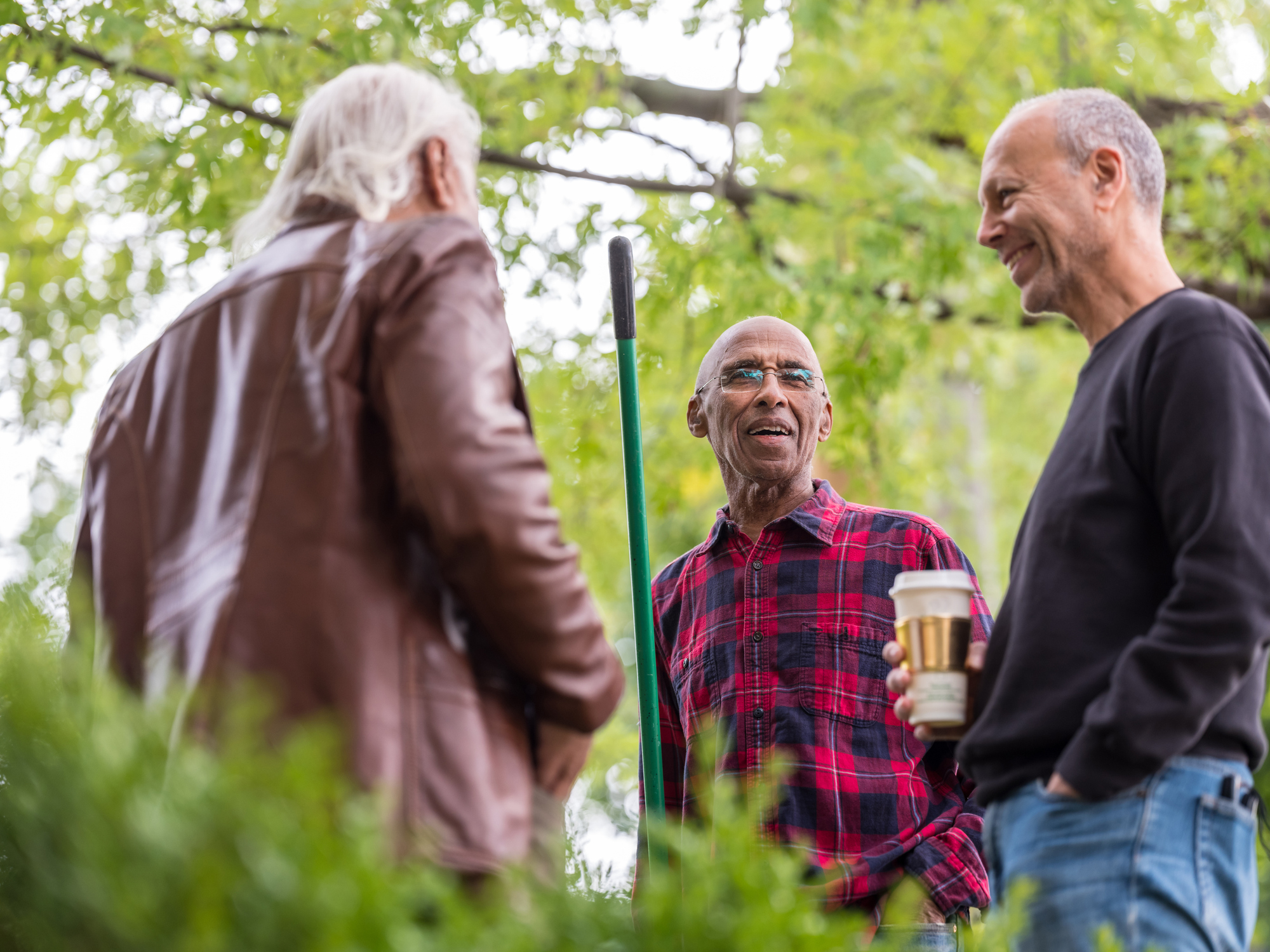 Trois membres de la collectivité discutent du plan de foresterie urbaine de leur quartier.