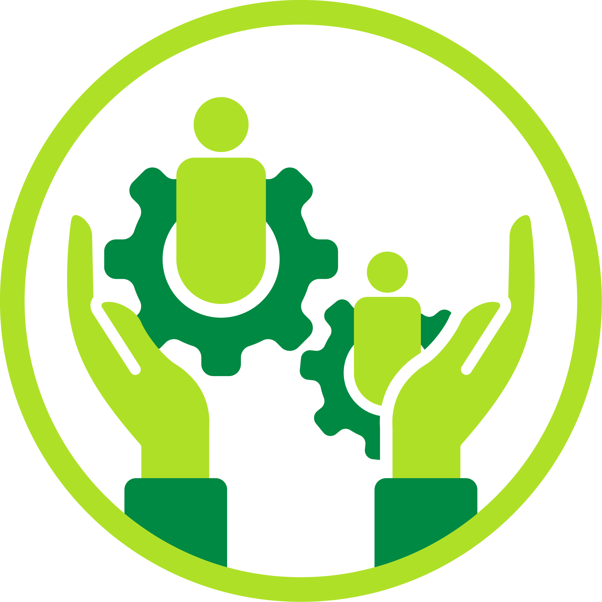 Icon with hands holding gears and people figures, symbolizing community-driven solutions.