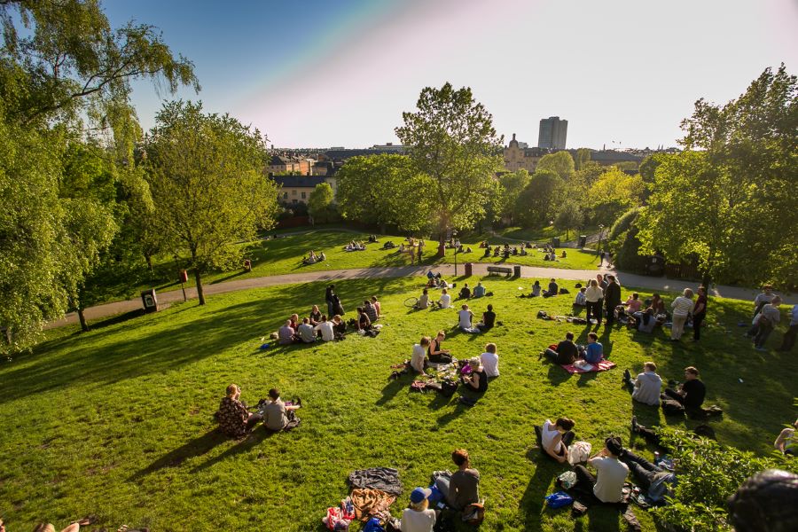 Un parc urbain en soirée avec des gens qui se prélassent en petits groupes. 