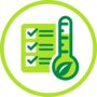 Icon depicting a green checklist alongside a thermometer with a leaf, representing climate readiness and sustainable practices.