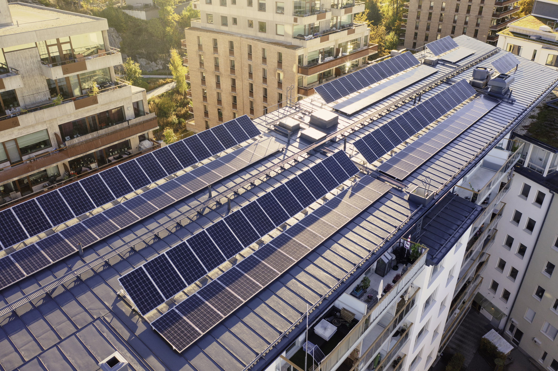 Solar panels on the roof of an apartment building