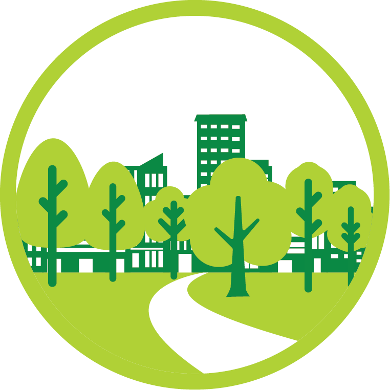Urban structures surrounded by trees