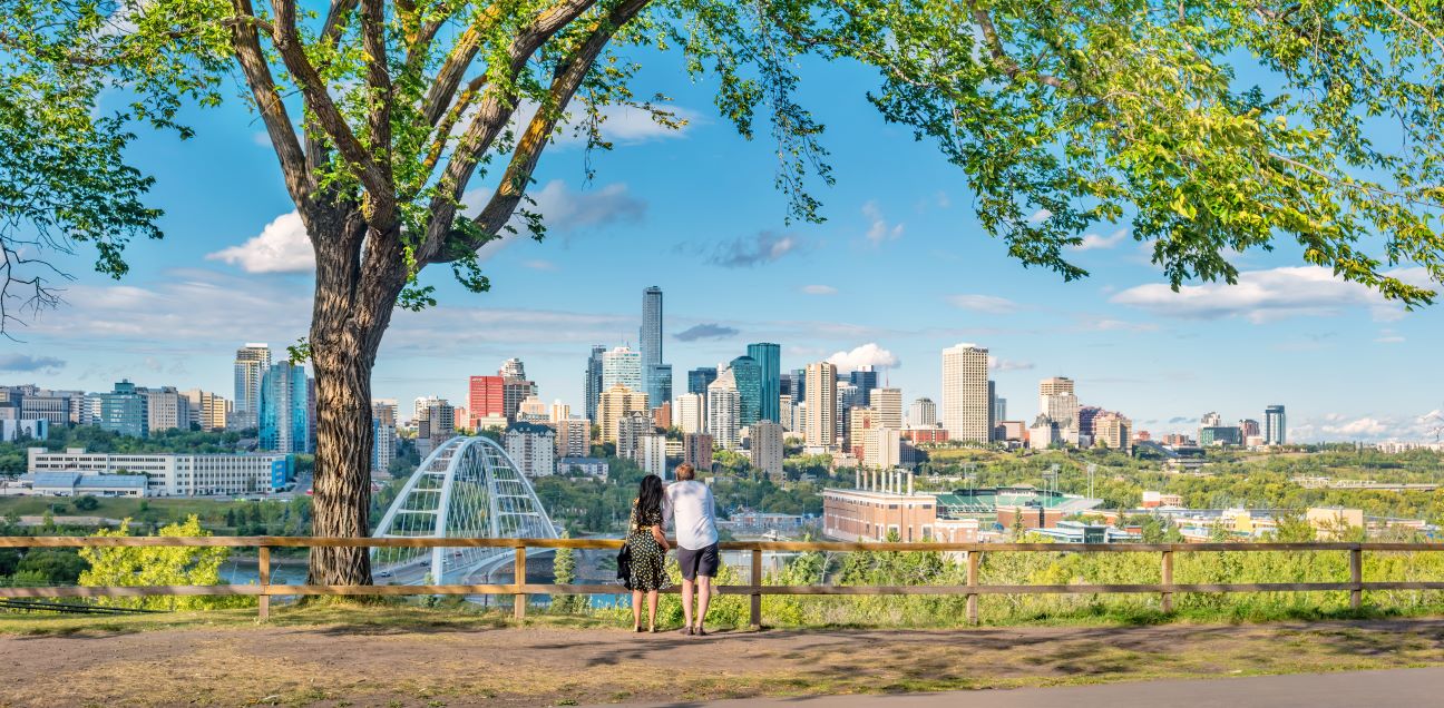 Couple enjoys the view of Edmonton Alberta Canada skyline