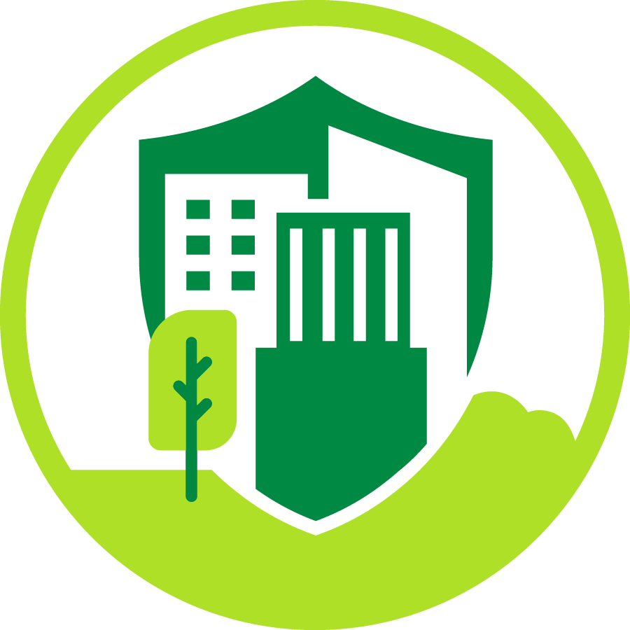 simple graphic of buildings being protected by a shield