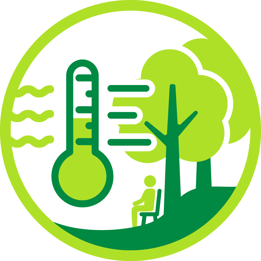 simple graphic of thermometer and tree with someone sitting on a bench underneath