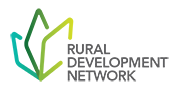 The logo for the Rural Development Network, featuring three diamond shapes in different shades of green, fanned out next to the name in grey text