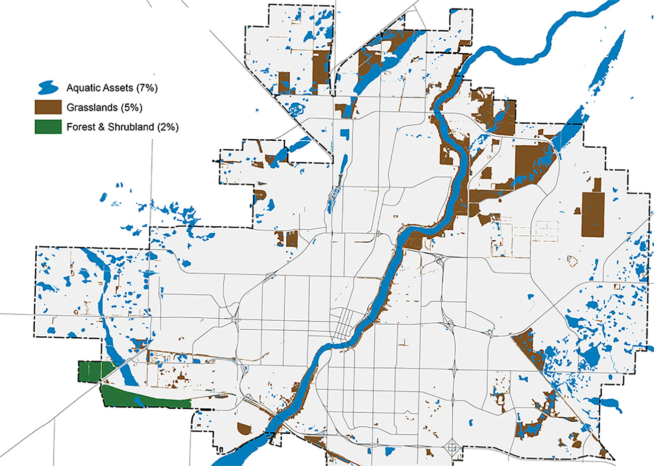Carte aérienne des limites de Saskatoon, ventilée en quartiers. La carte grise comporte des zones bleues, brunes et vertes, représentant respectivement les actifs aquatiques, les prairies, les forêts et les terres arbustives. Les actifs aquatiques représentent 7 % de la carte, les prairies, 5 %, et les forêts et les terres arbustives, 2 %.