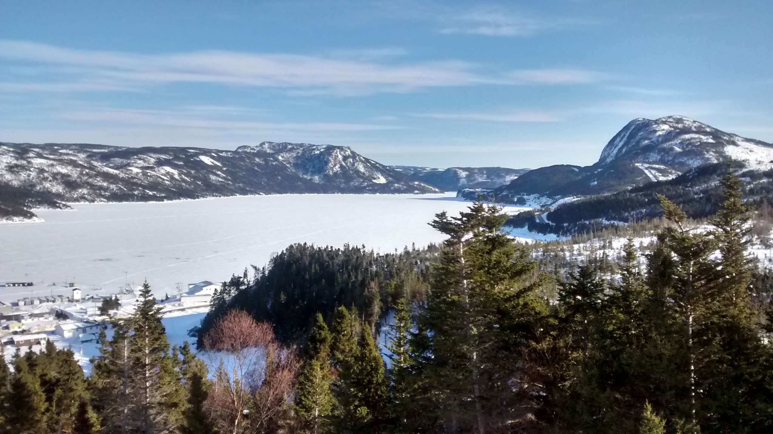 Photo d'une rivière enneigée et de montagnes près de Glenburnie-Birchy Head-Shoal-Brook, T.-N.-L., avec un ciel bleu et des arbres à l'avant-plan. Dans le coin inférieur gauche de la photo, il y a une petite communauté de logements. 