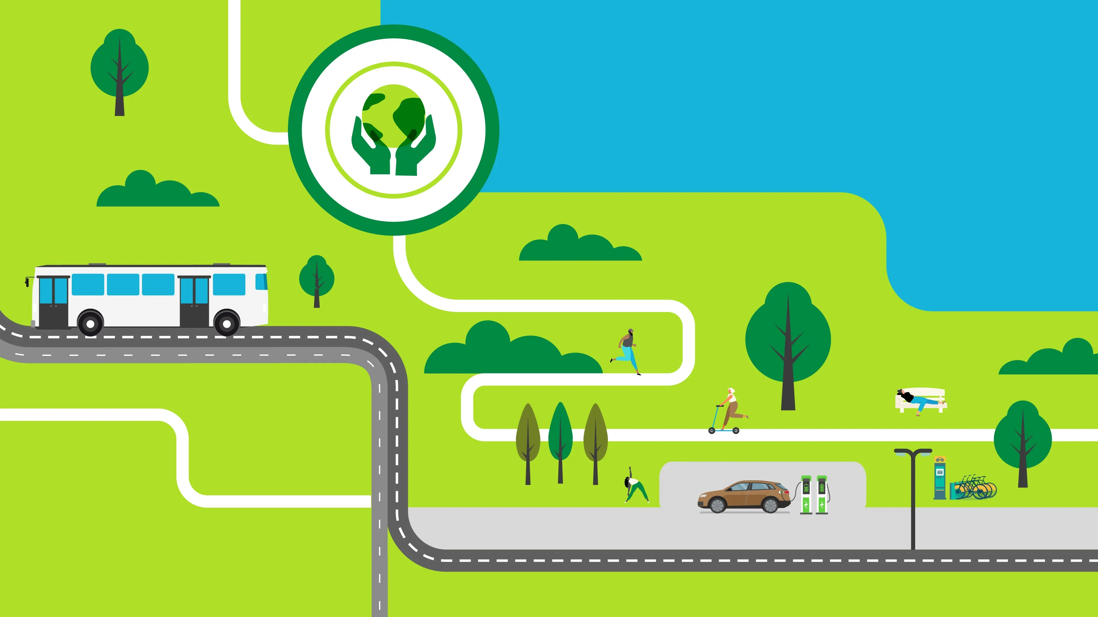 Illustration of a green city, with public transportation and renewable energy.