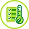 Icon depicting a green checklist alongside a thermometer with a leaf, representing climate readiness and sustainable practices.