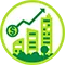 Icon showing a rising financial trend line with a dollar sign overlaying green buildings symbolizing investment in sustainable development.