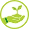Icon of green hand holding a sapling.