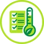Icon depicting a green checklist alongside a thermometer with a leaf, representing climate readiness and sustainable practices.
