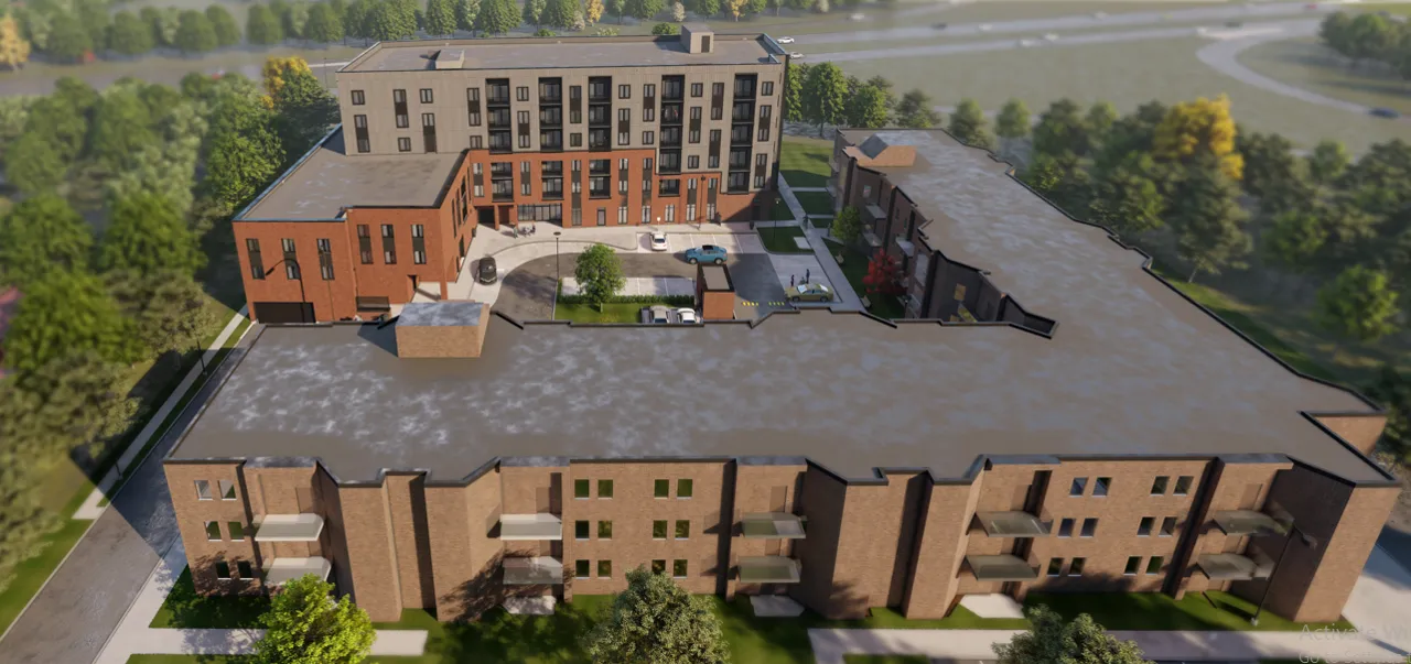A rendering of the new development at 420 Kingscourt Drive in Region of Waterloo. It has two brown-brick buildings, each in an L shape with four storeys, and a driveway and courtyard in the middle, surrounded by greenery.