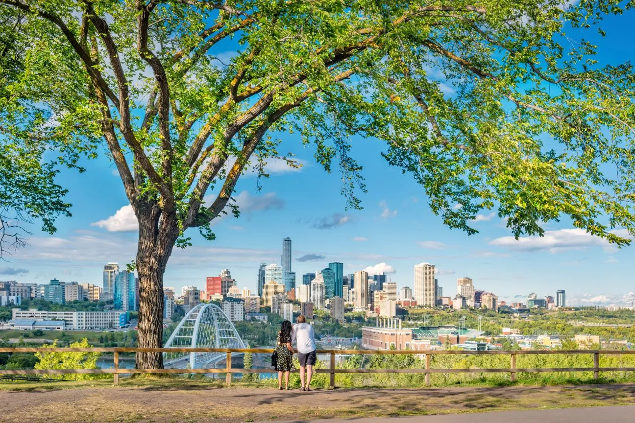 Couple enjoys the view of Edmonton Alberta Canada skyline