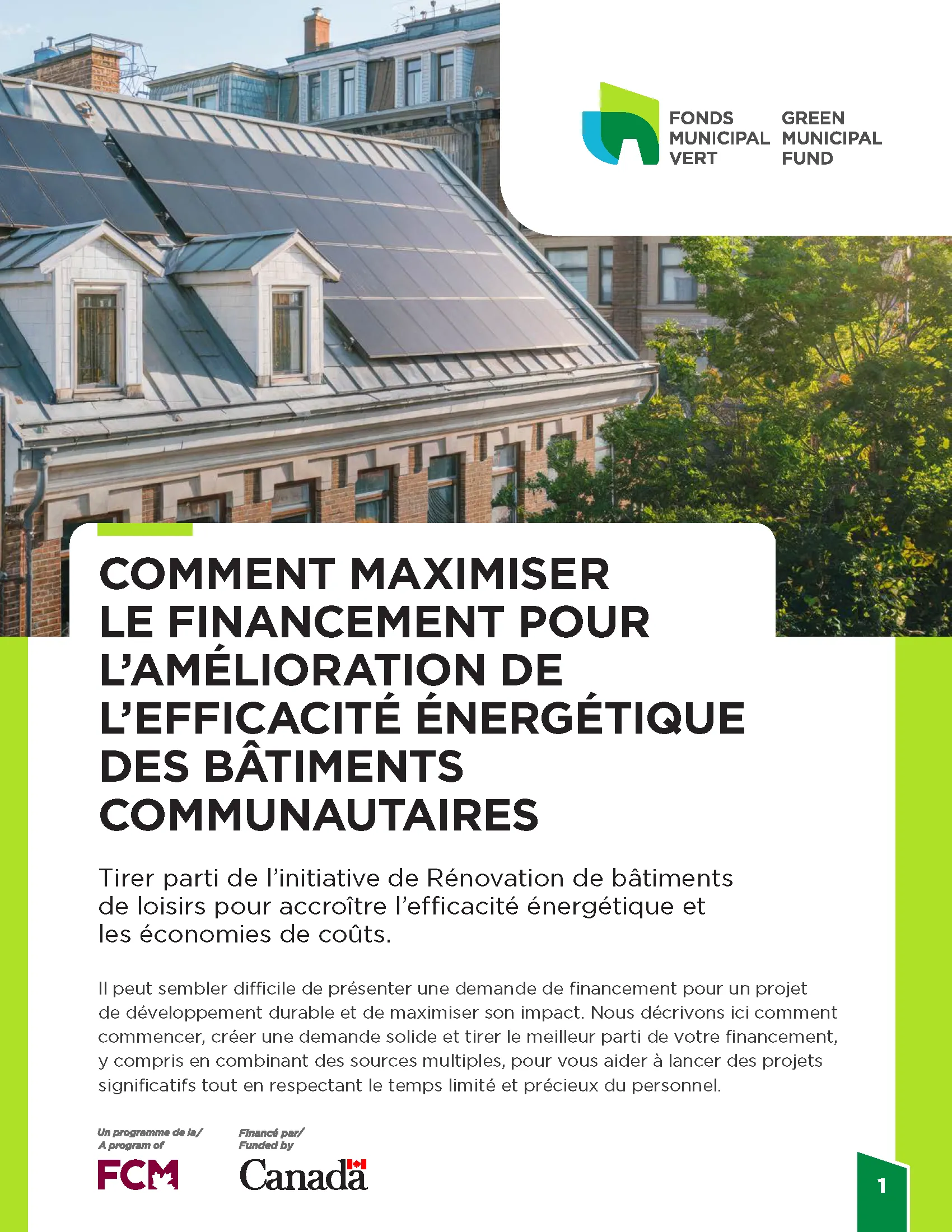 Page de couverture du guide du FMV: Comment maximiser le financement pour l’amélioration de l’efficacité énergétique des bâtiments communautaires