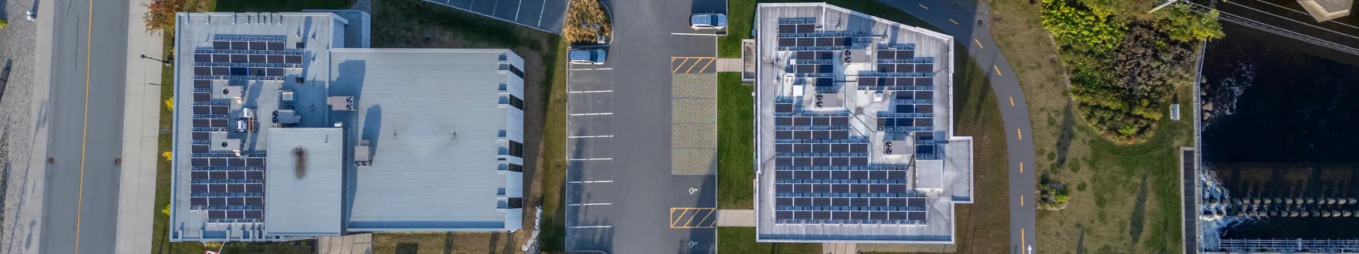 Aerial view of solar panels on buildings, Lac-Mégantic, Quebec