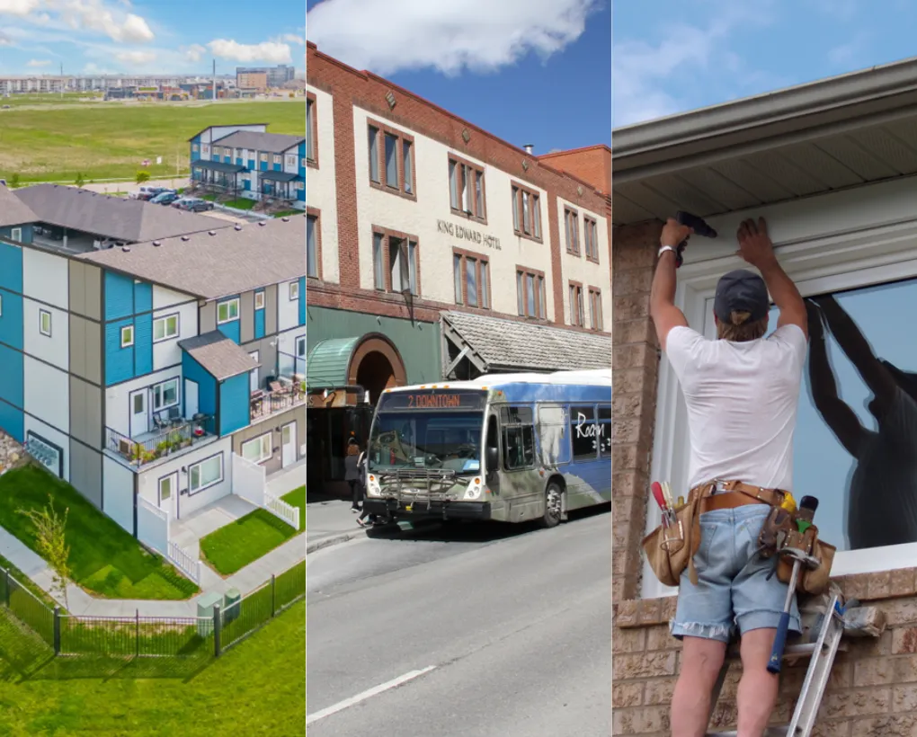 Three images: One of Aspen Heights affordable housing, another of a hybrid bus, and last one of a person installing a new window