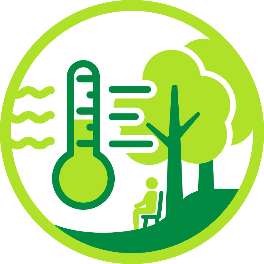simple graphic of thermometer and tree with someone sitting on a bench underneath