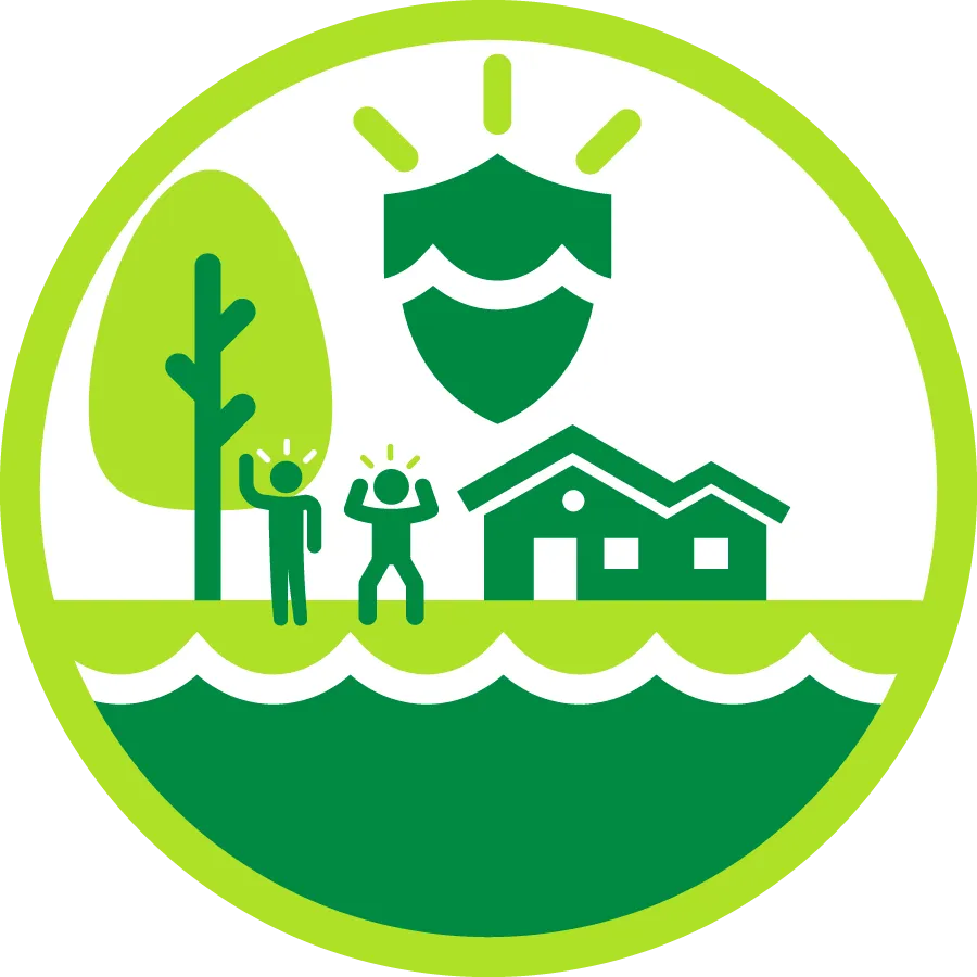 people standing by house at water's edge, under protection of shield