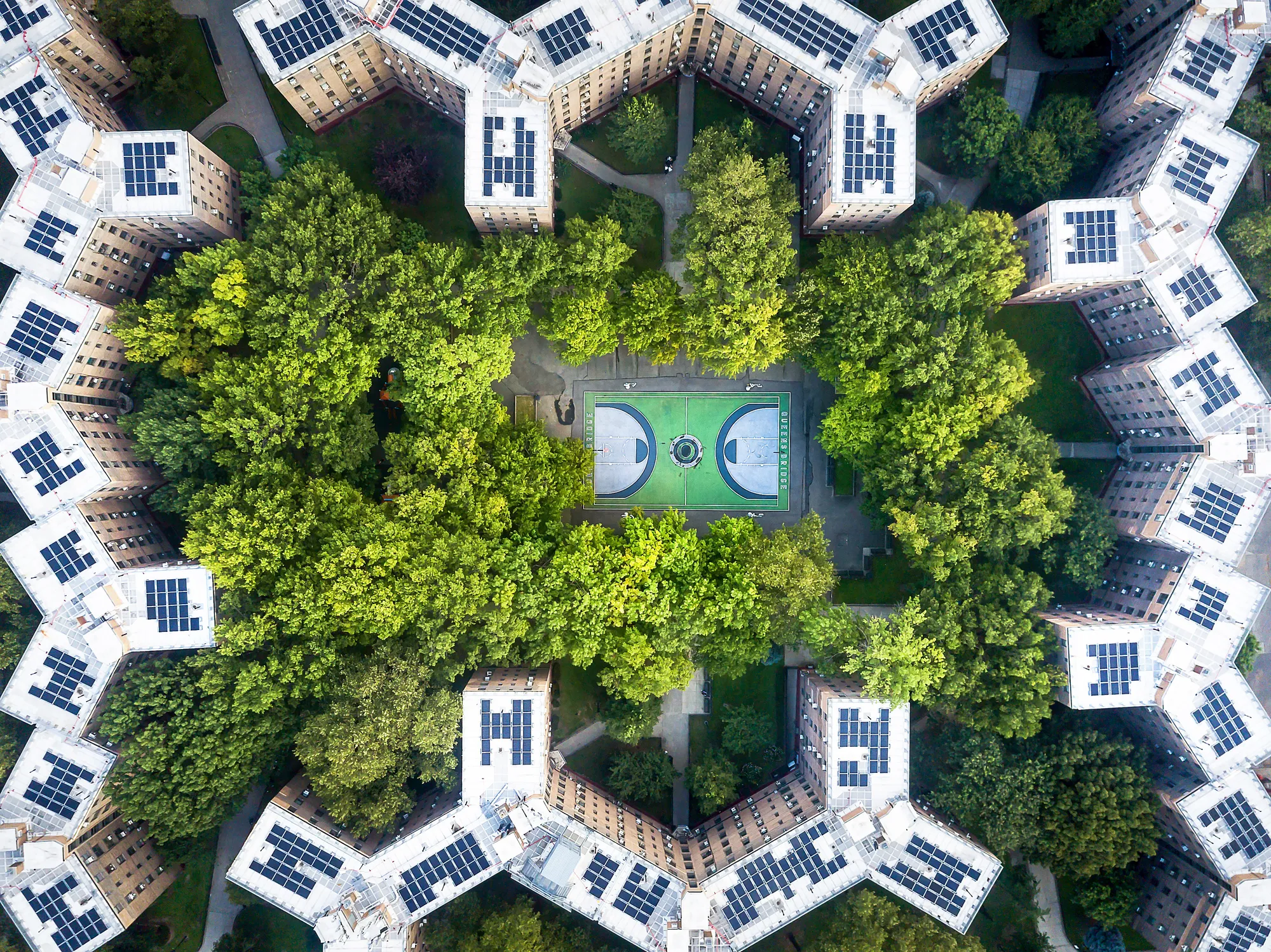 Aerial view of the Queens Bridge Houses basketball court