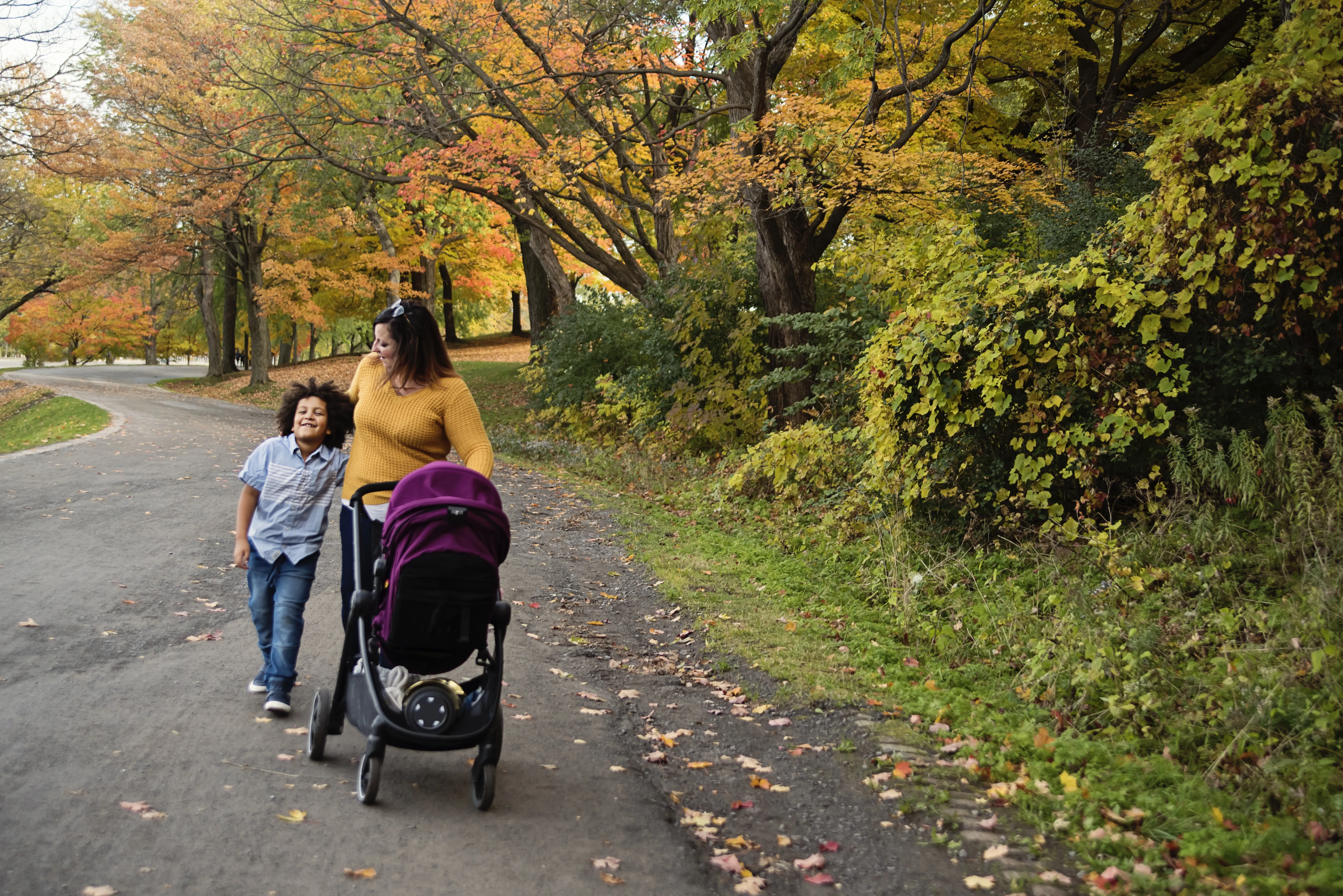 Family walking on a park path